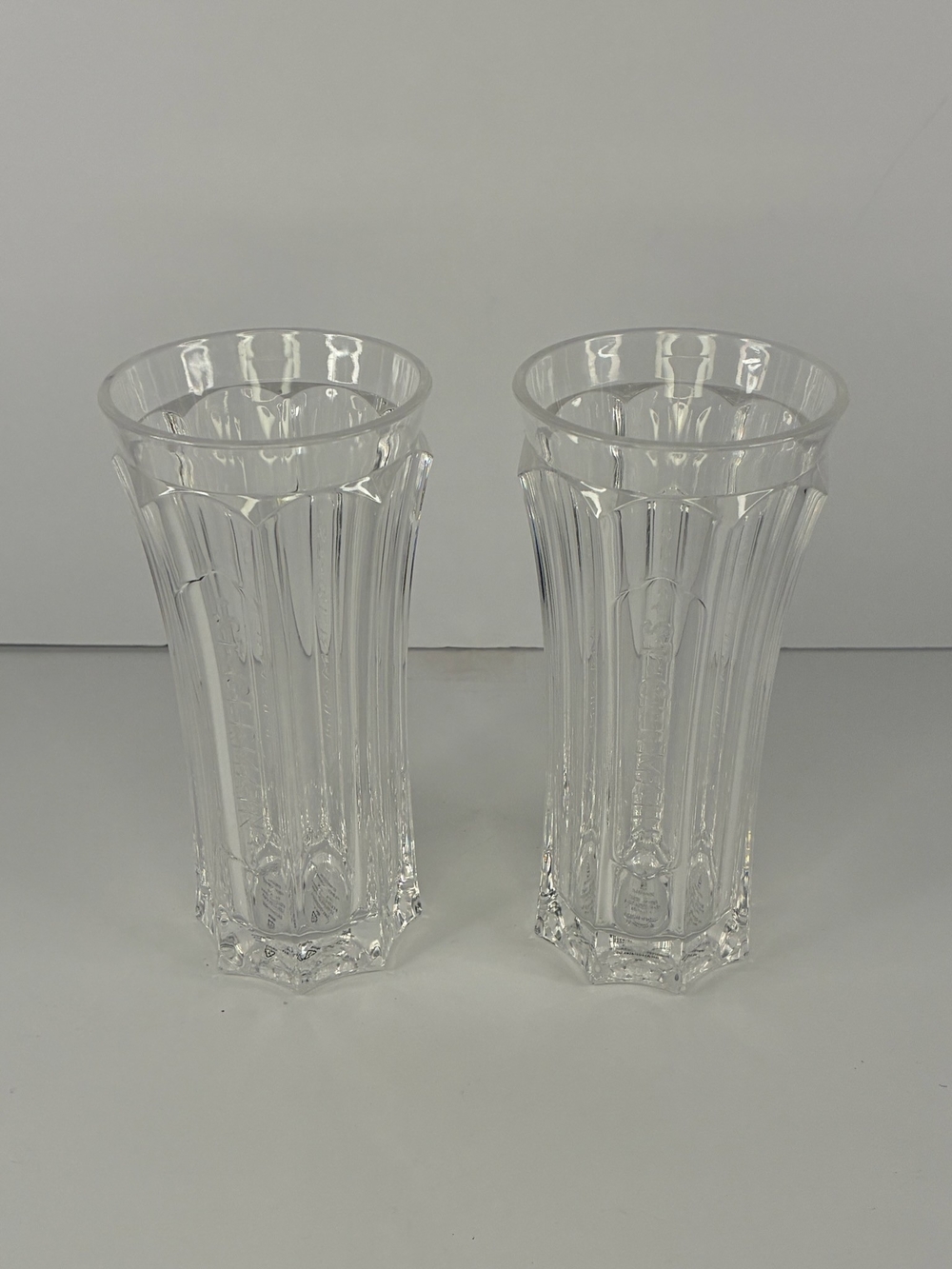 Set of 2 Clear Plastic Fluted Decorated Tapered Drinking Glasses 10 oz